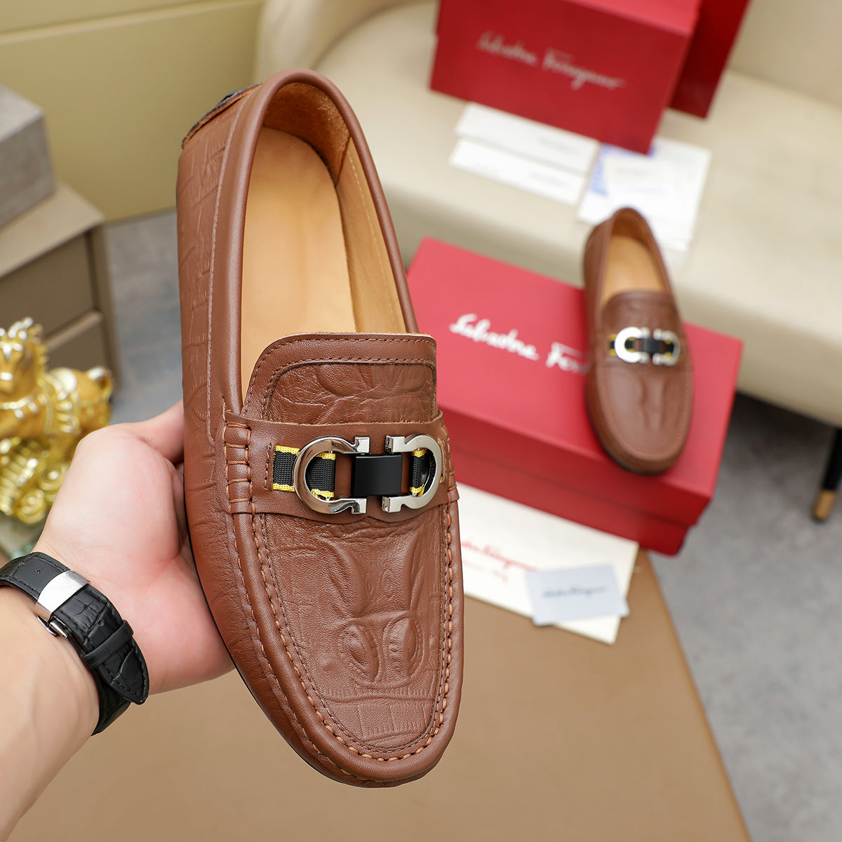 Ferragamo Brown Leather Loafer Shoes for Men Pre Order