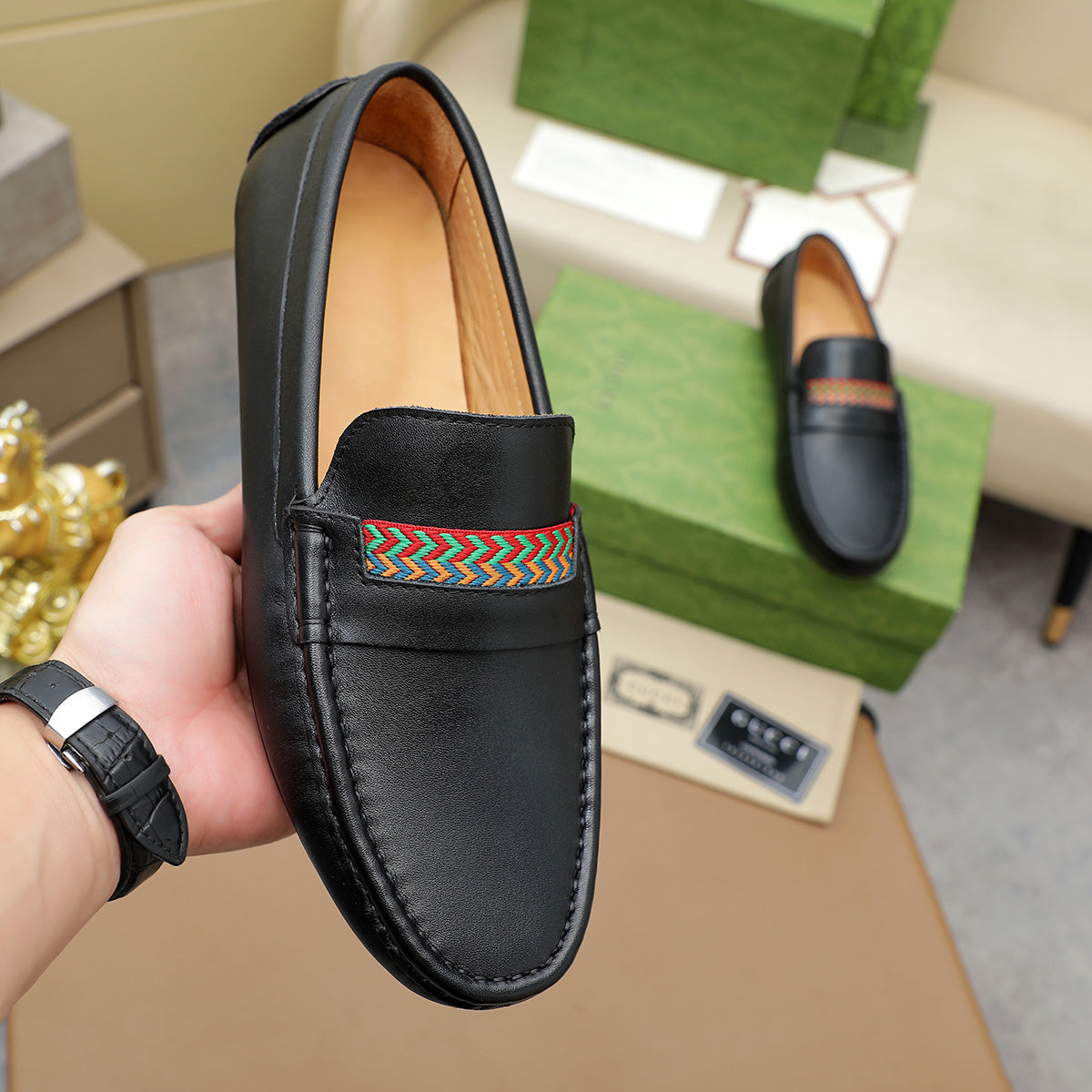 Guuci Black Leather Loafer Shoes for Men Pre Order