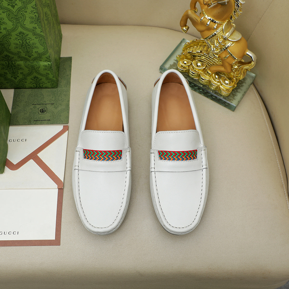 Guci White Leather Loafer Shoes for Men Pre Order