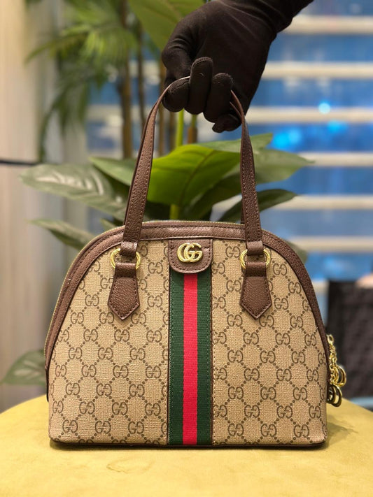 Guc ci handbag with distinctive pattern and color stripe held by a gloved hand.