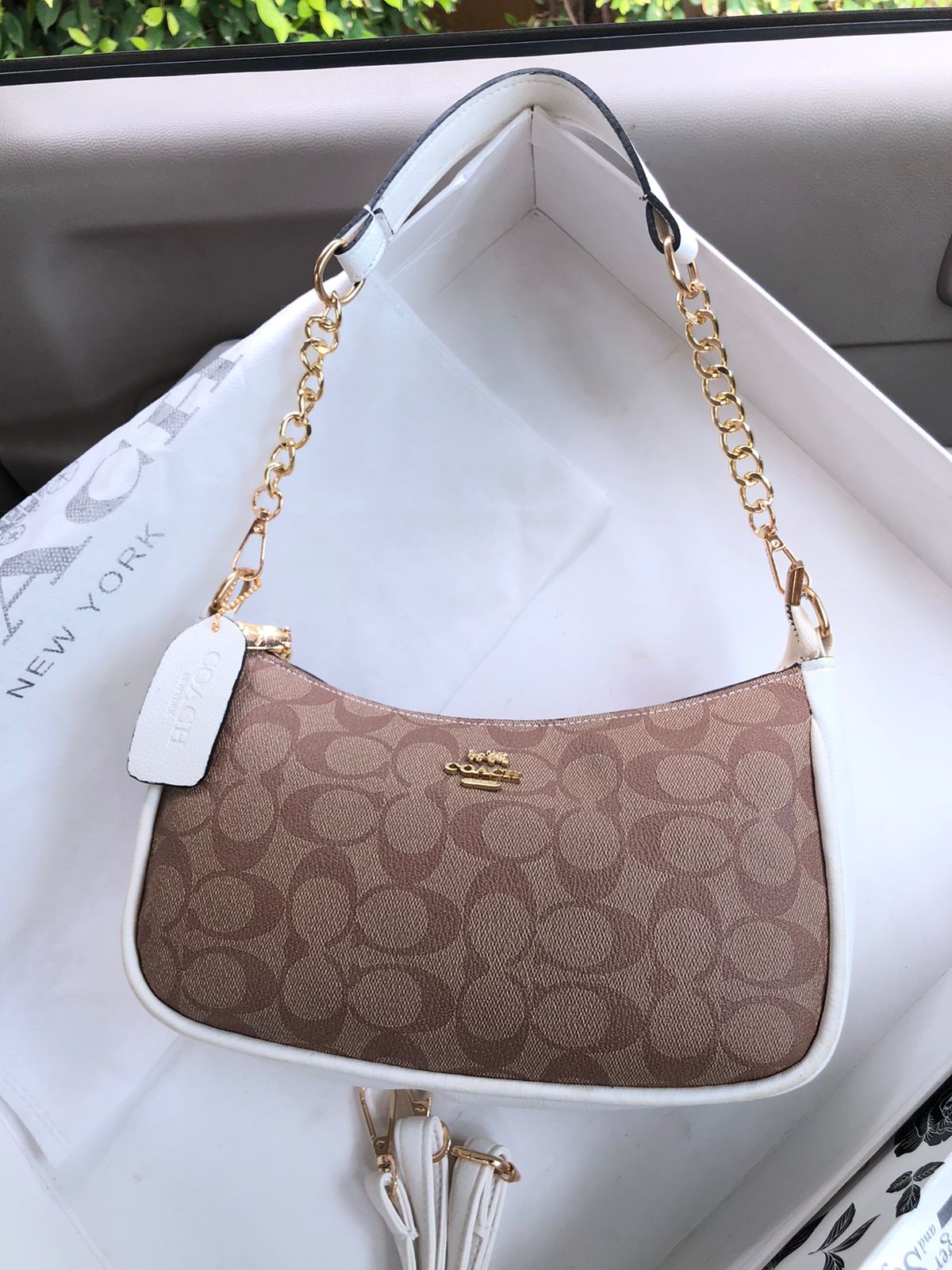 Coach Teri Shoulder Bag with Golden chain strap White