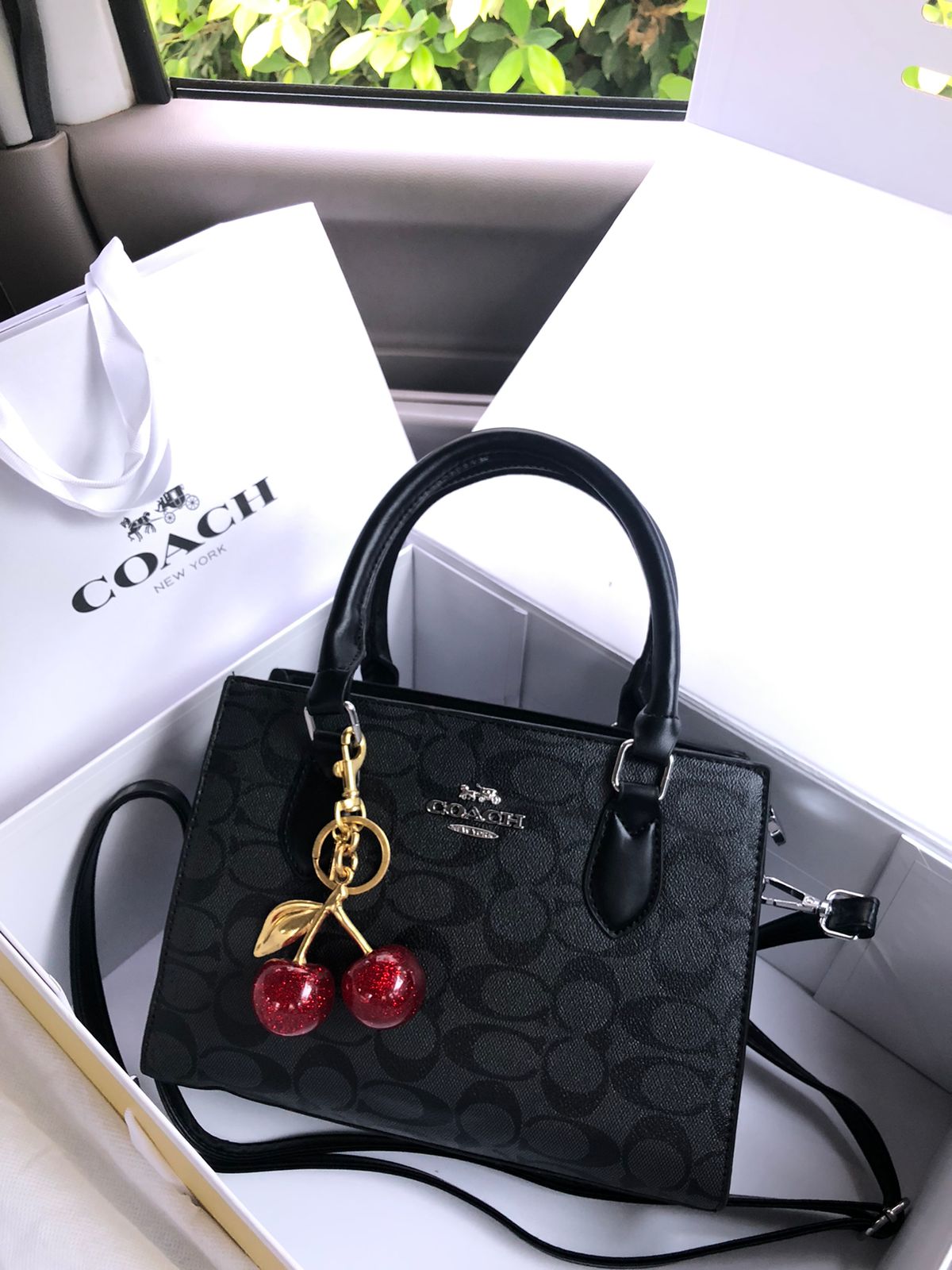 Coach Satchel Handbag with Cherry Keychain Black