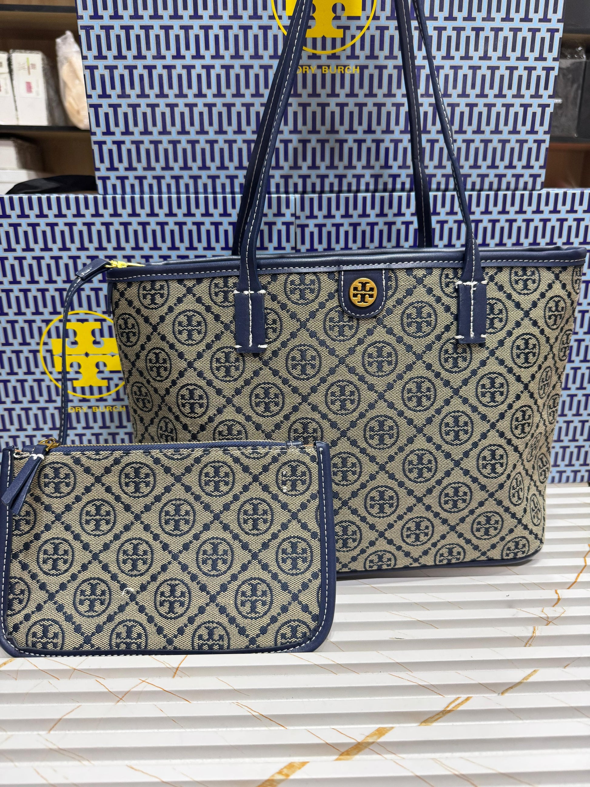 Tory Burch Small T Monogram Zipper Tote Bag Blue