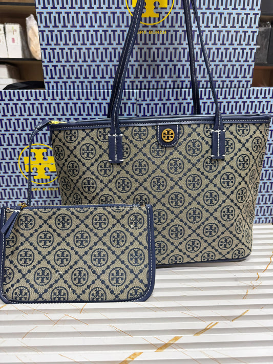 Tory Burch Small T Monogram Zipper Tote Bag Blue