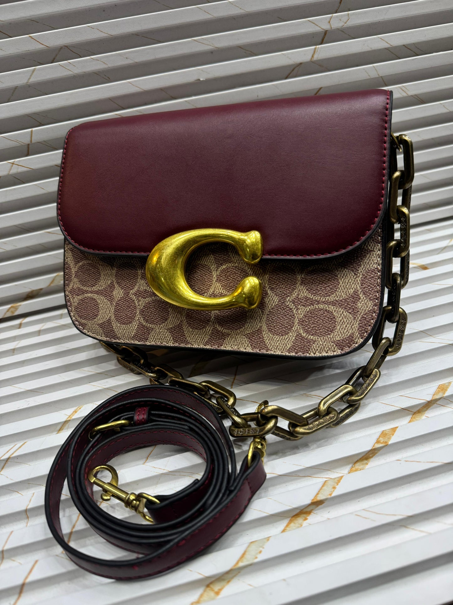 Coach Idol Bag in Signature Canvas with Snake Skin Burgendy