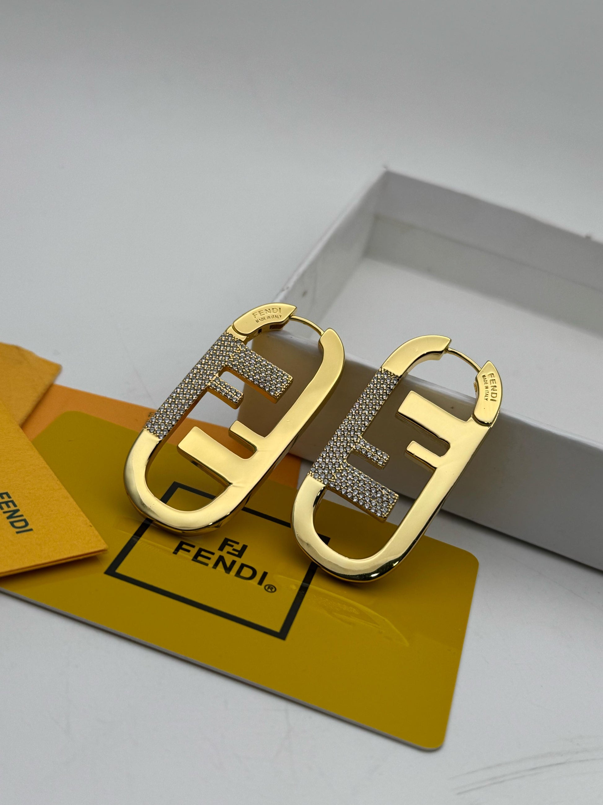 FENDI Metal FF O'Lock Crystal Earrings Gold