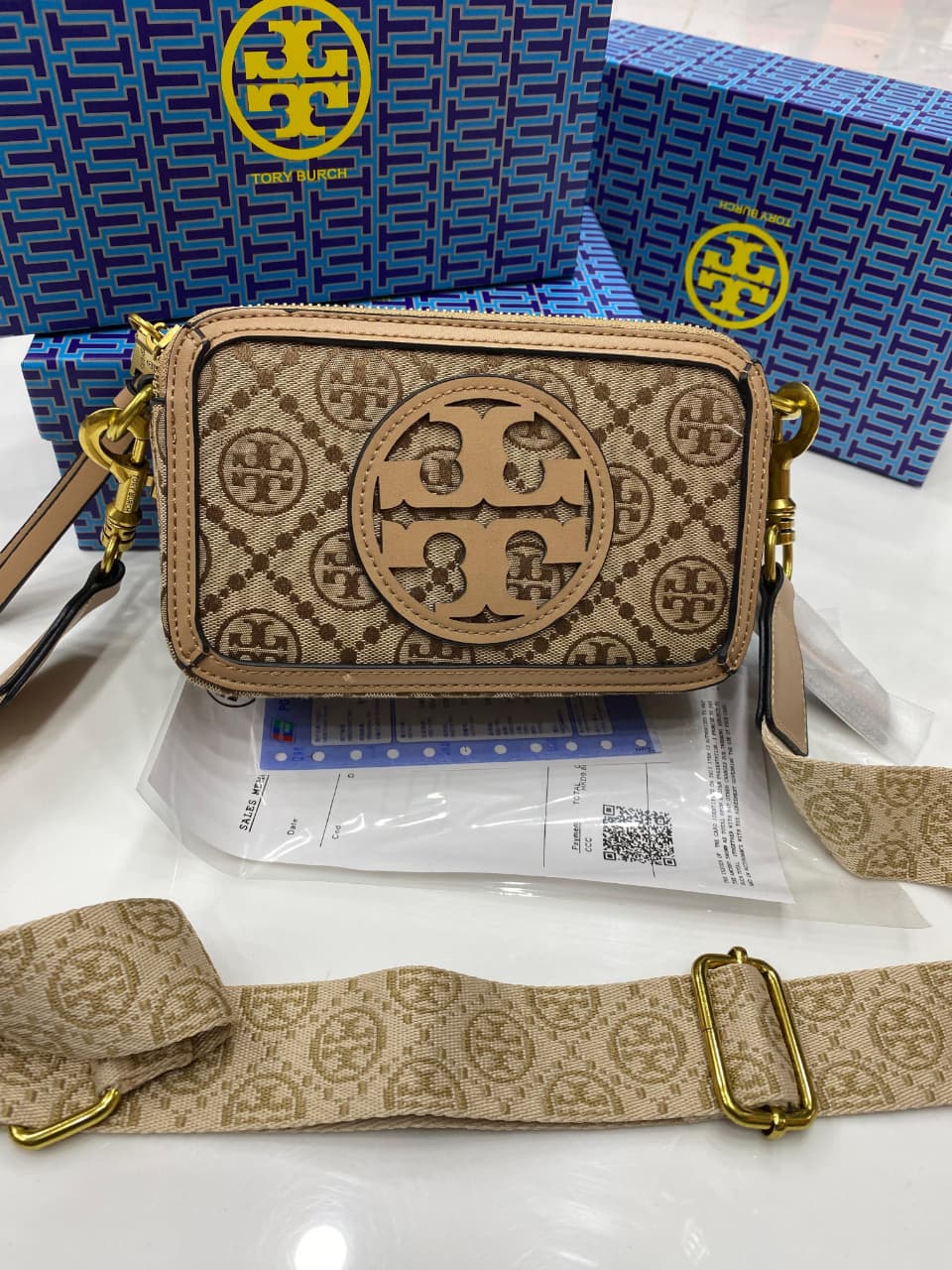 Tory Burch Mini T Monogram Miller Crossbody Bag Beige