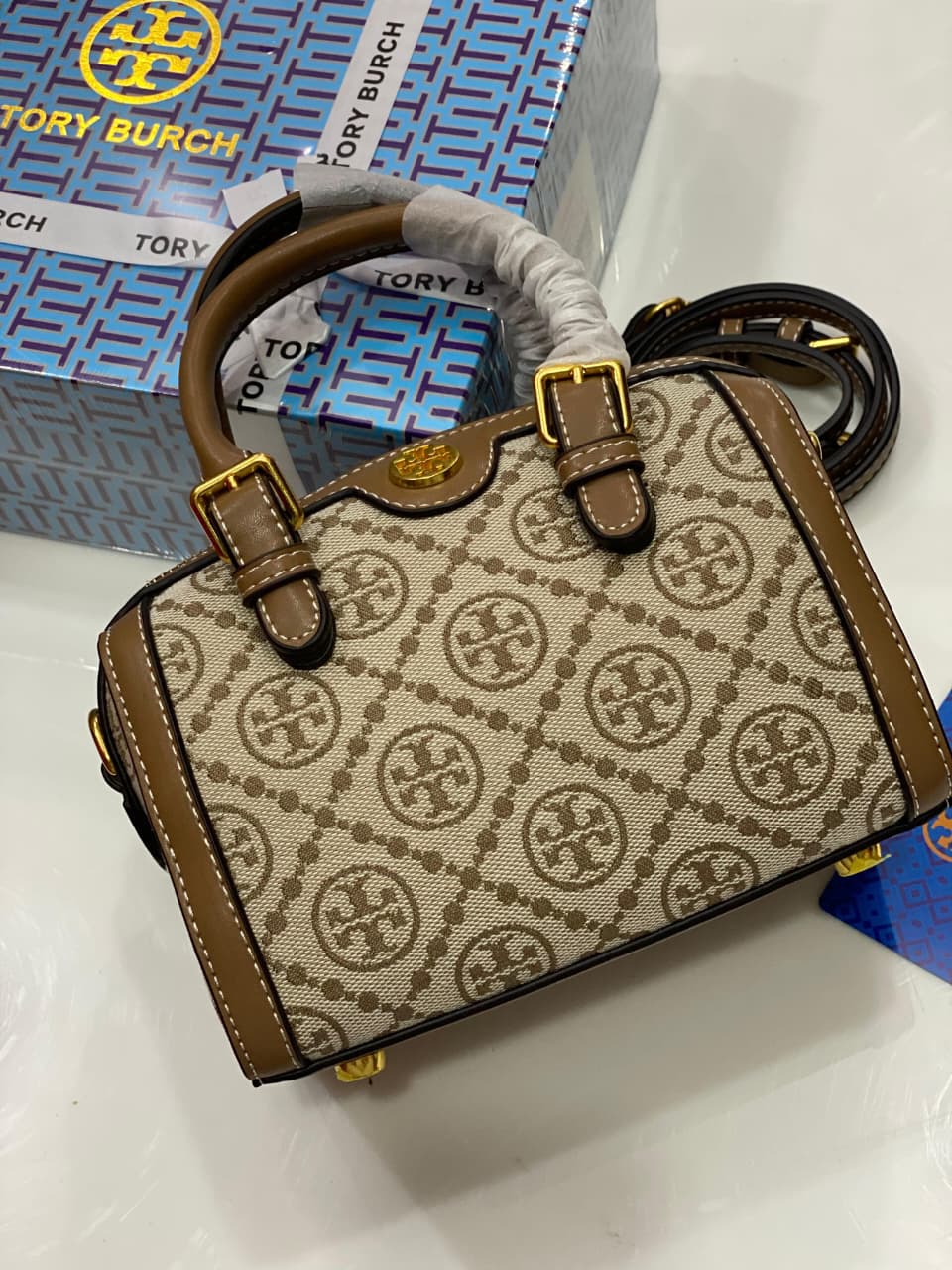 Tory Burch T Monogram Petite Barrel Bag Brown