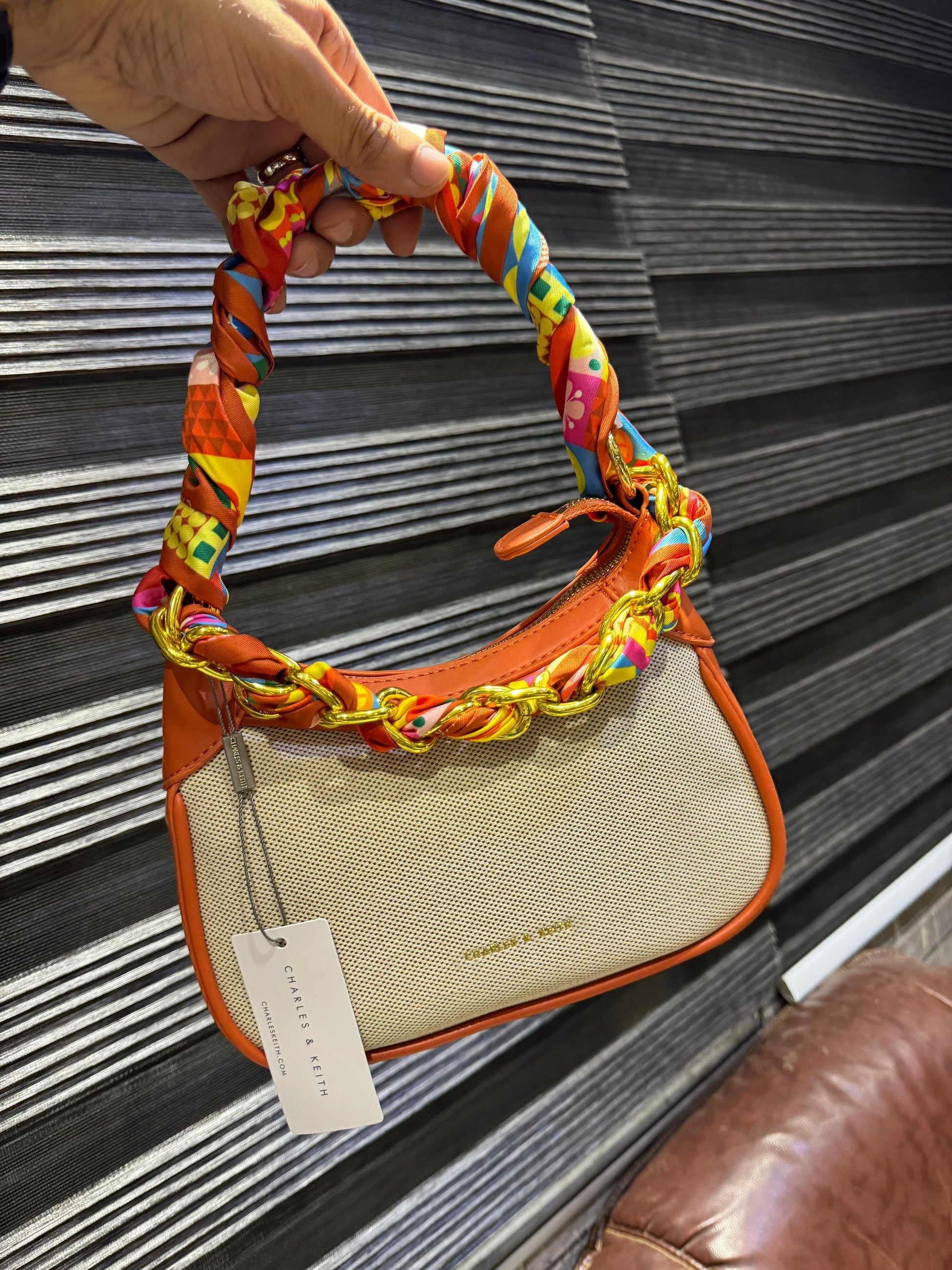 Charles Keith CK Alcott Scarf Handle Canvas Bag Orange