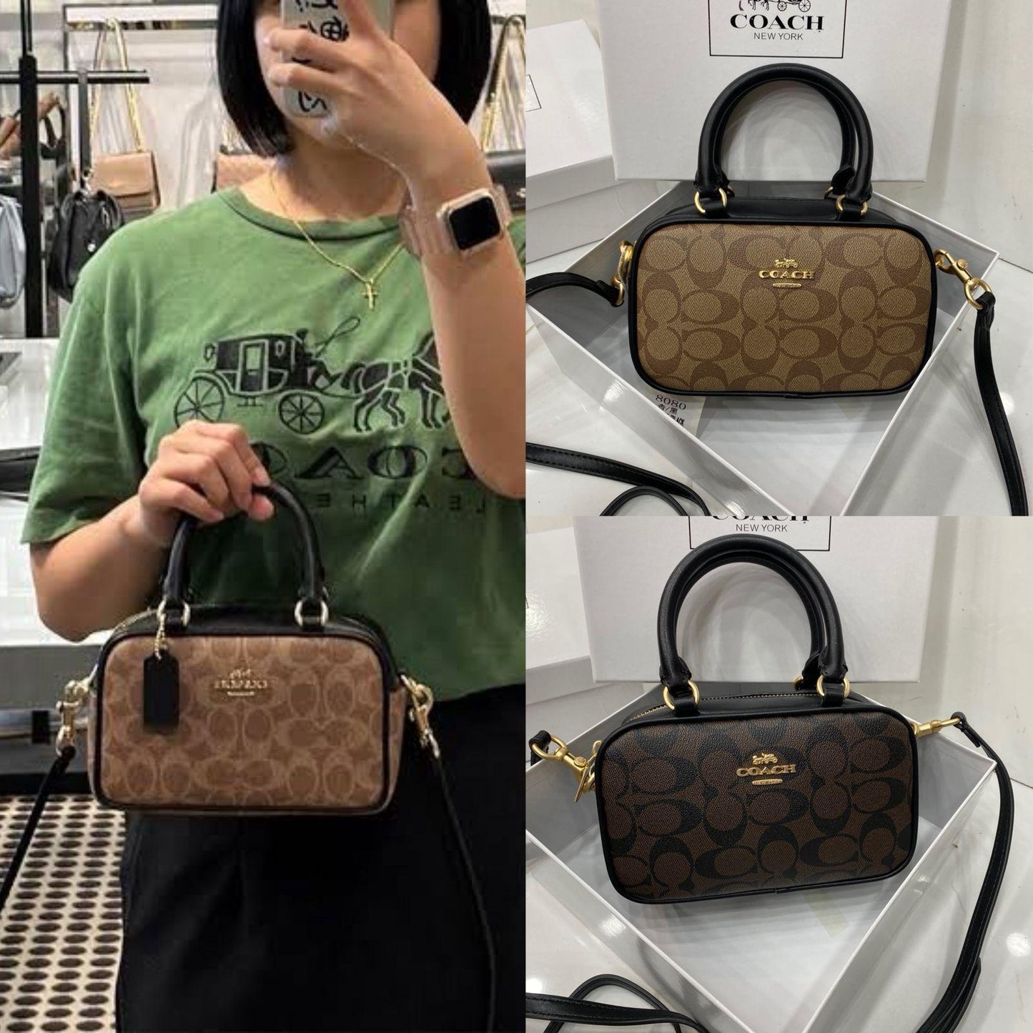 Person holding a Co-ach handbag with close-up shots of the bag on display.