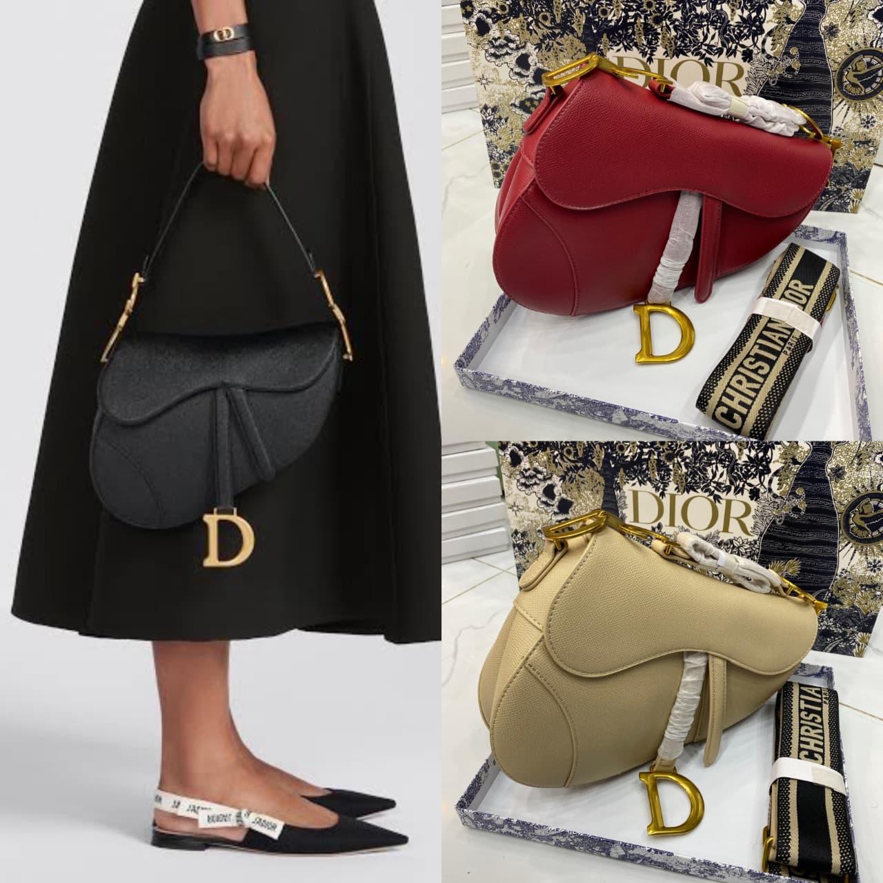 Collage of Di or handbags including black, red, and beige with brand logo on a white background.