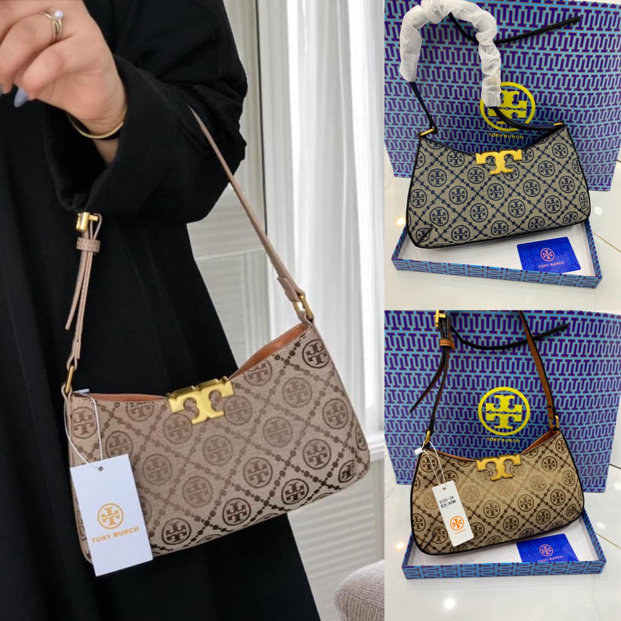 To ry Bur ch handbag with gold clasp and patterned design, displayed against a white background.