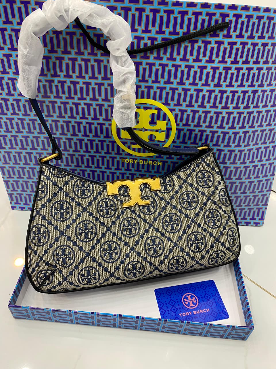 Trendy Brand T To-ry Bur-ch Eleanor Slim T Monogram Canvas Shoulder Bag for Women