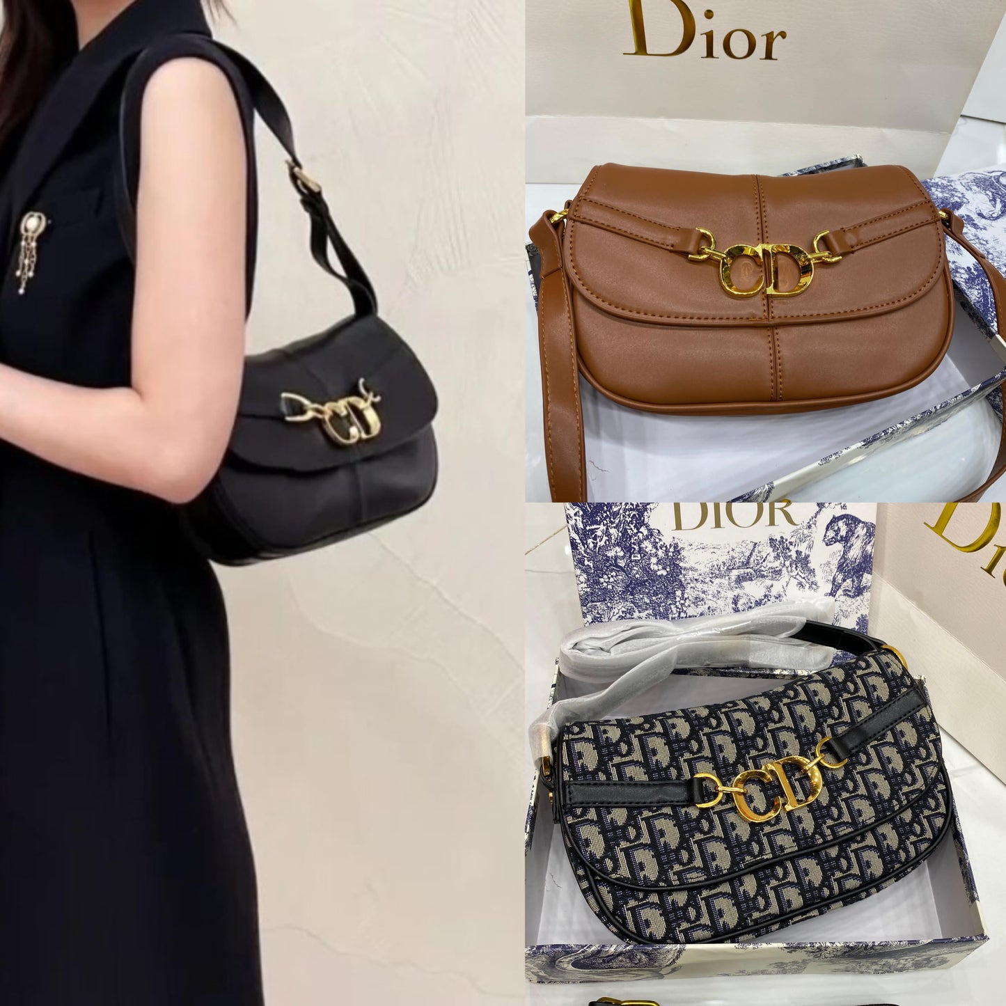 Black, brown, and patterned handbags with Dior logo on a neutral background