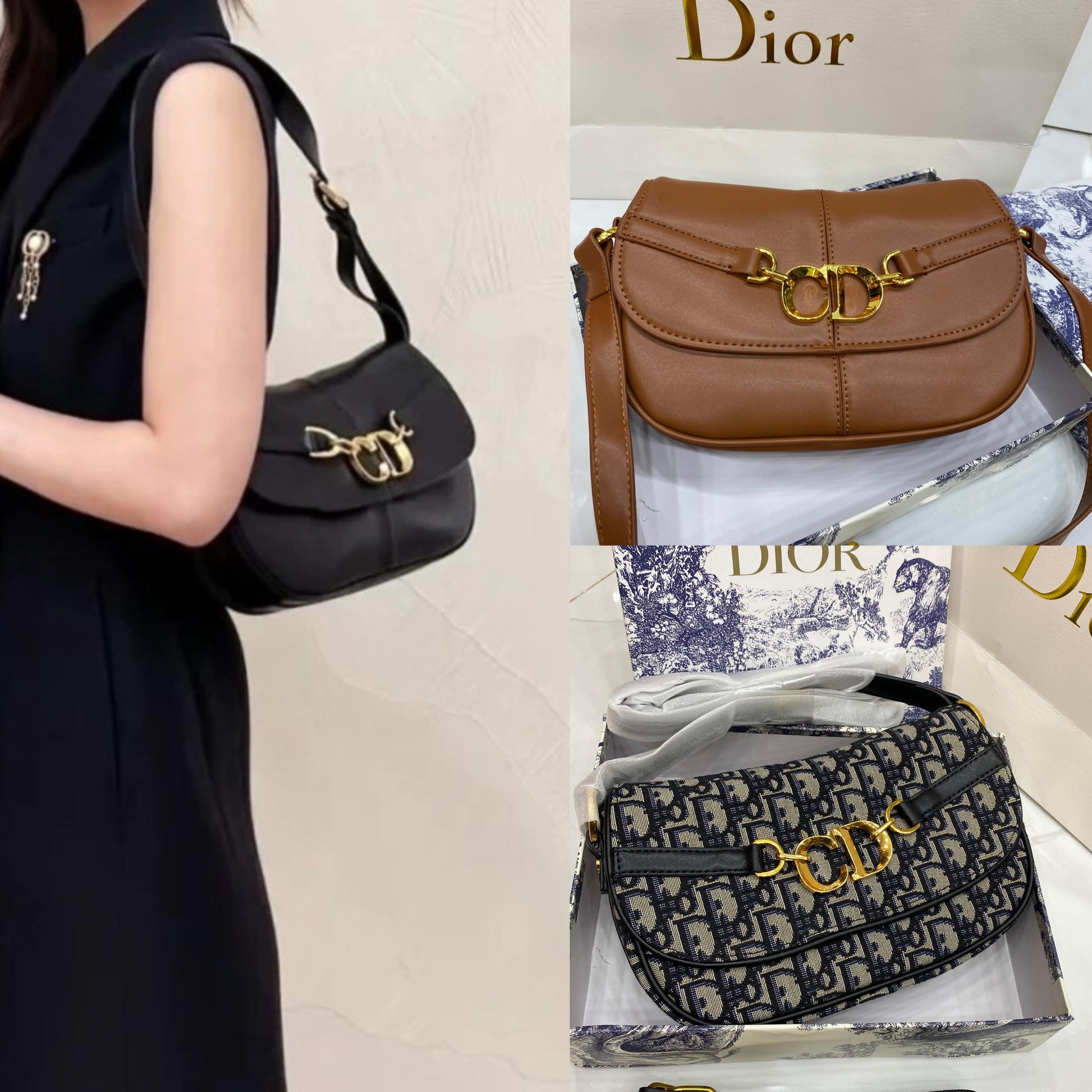 Black, brown, and patterned handbags with Dior logo on a neutral background