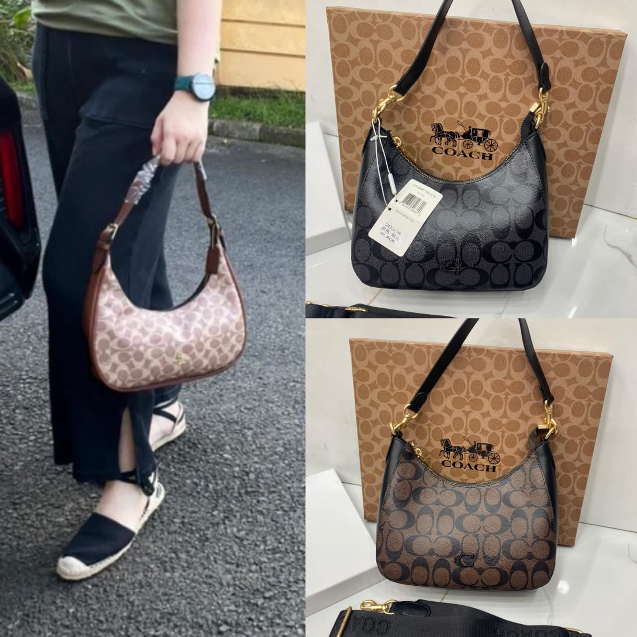 Co-ach handbag with patterned design held by a person, displayed on a car seat, and shown with a Co-ach box in the background.