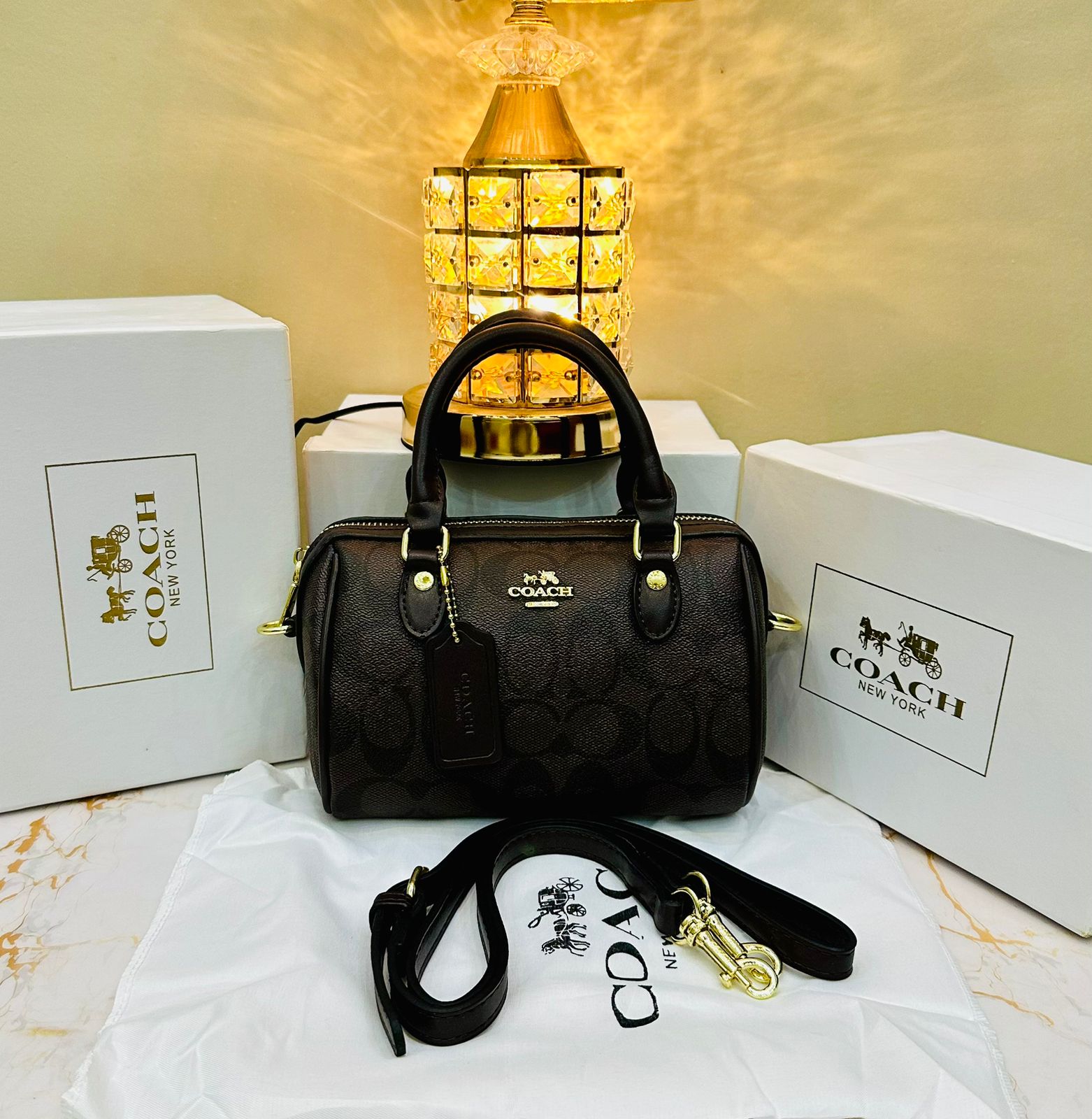 Co ach handbag with gold accents on a white surface with Coach boxes in the background.