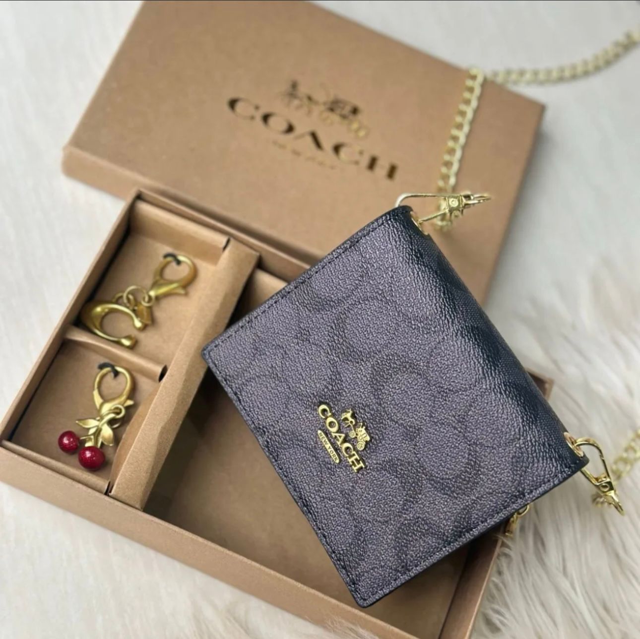 Coa ch wallet and keychain set with packaging on a light background