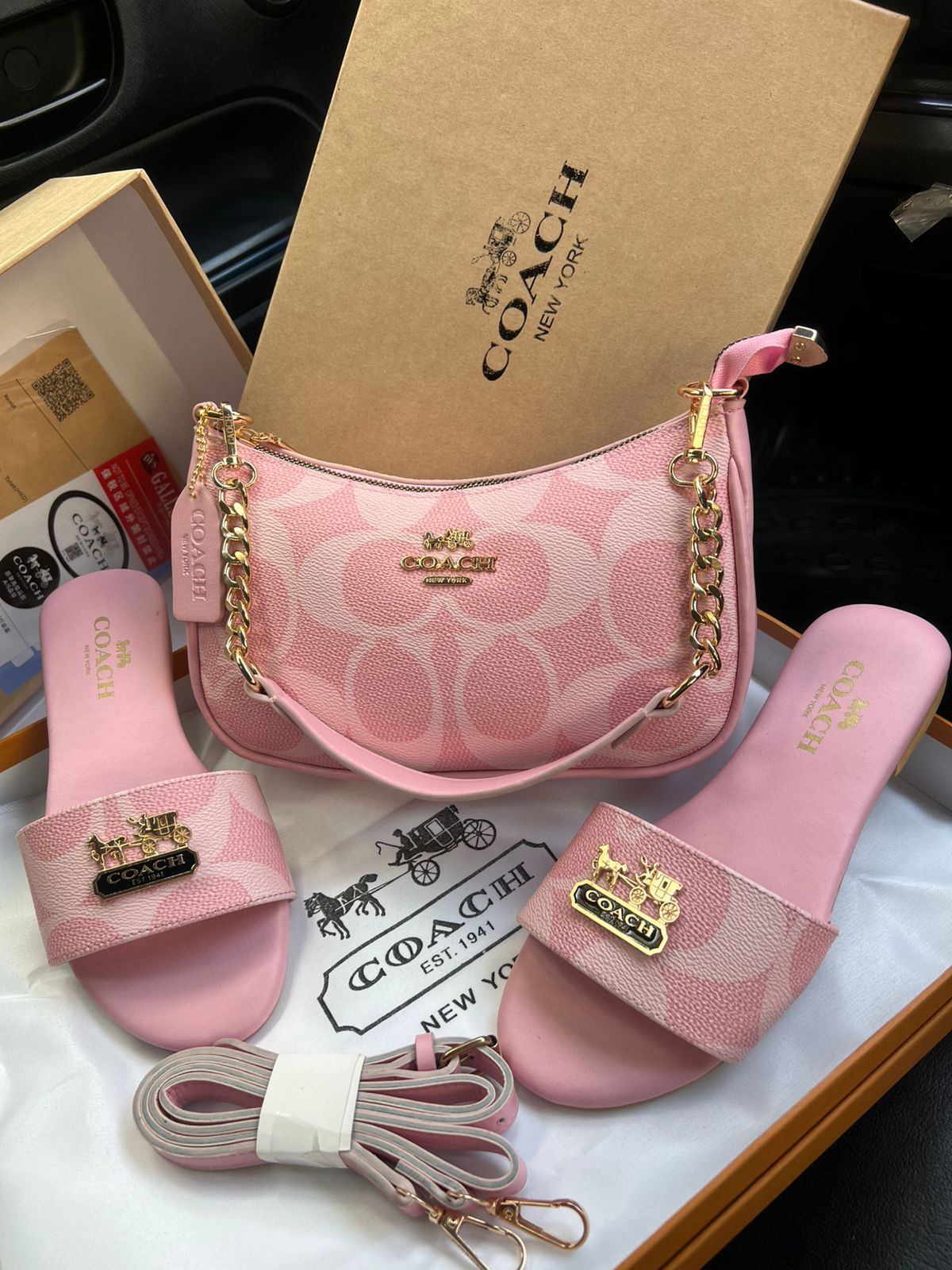 Famous Co-ach Pink Combo Teri Shoulder Bag with Pink Coach Slippers for Women