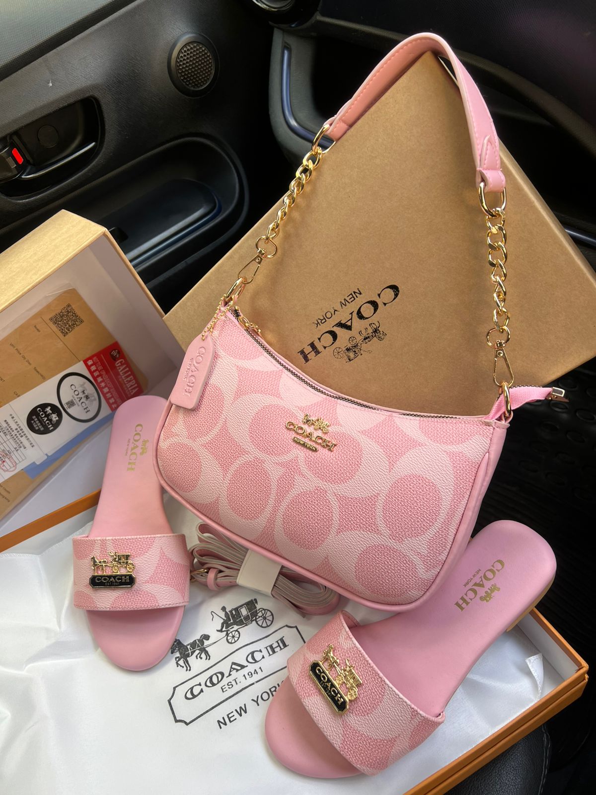 Famous Co-ach Pink Combo Teri Shoulder Bag with Pink Coach Slippers for Women