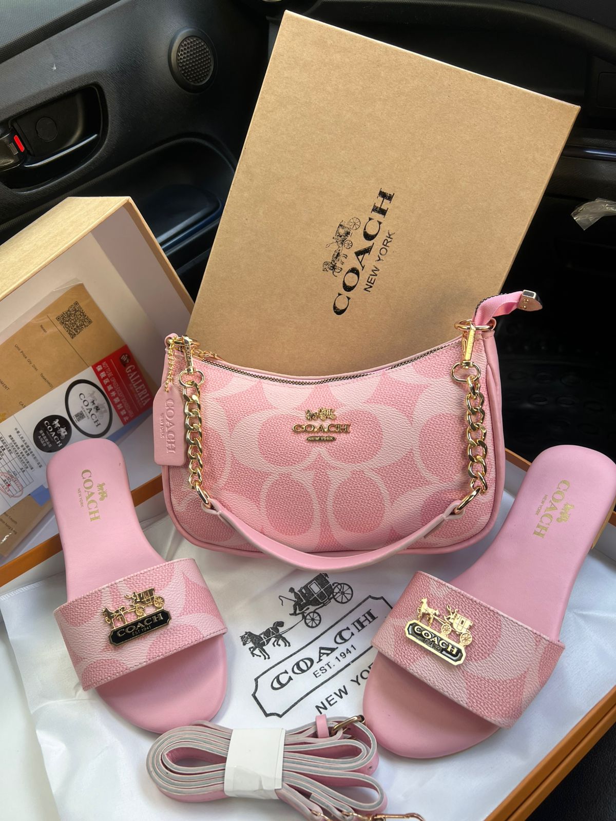 Famous Co-ach Pink Combo Teri Shoulder Bag with Pink Coach Slippers for Women