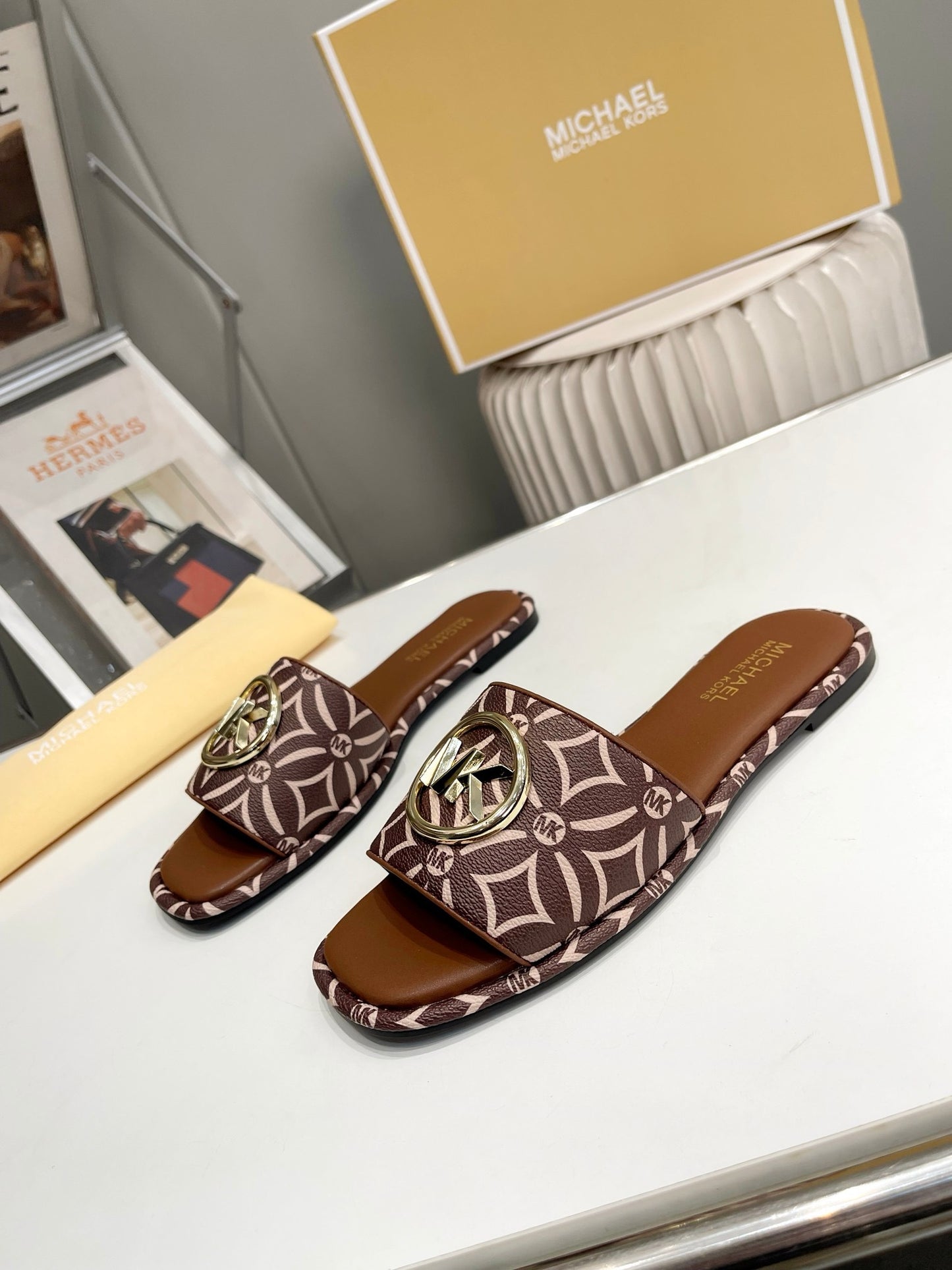 Fashion Brand MK Mich-ael Ko-rs Imported Slippers Slides for Women