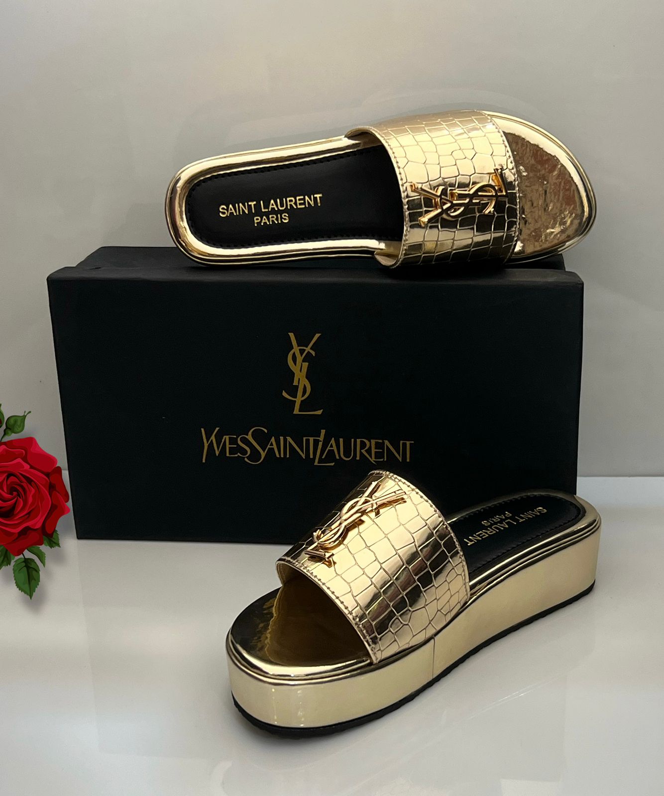 Fashion Brand Y-S-L Yv-es Sa-int Lau-rent Wedge Slipper for Women