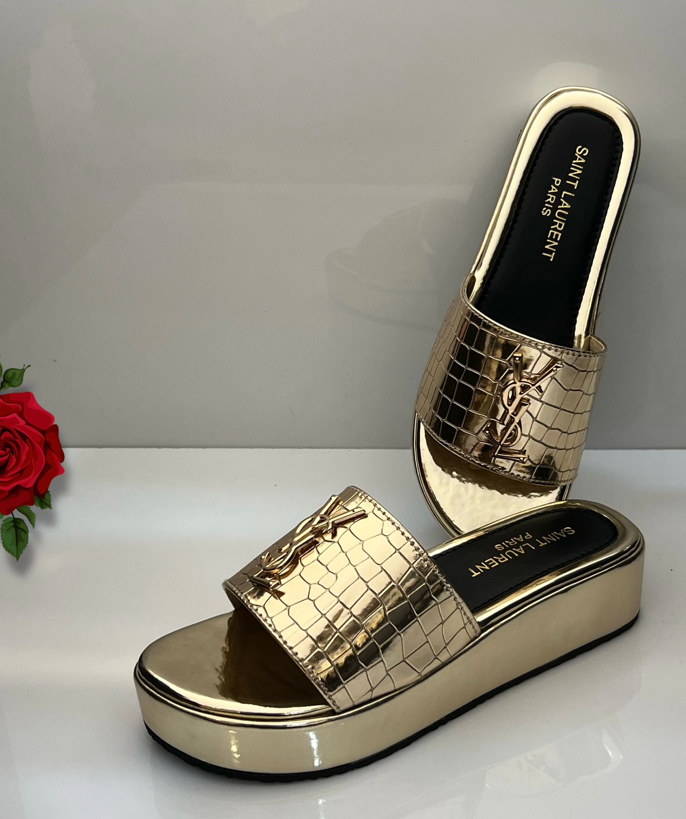 Fashion Brand Y-S-L Yv-es Sa-int Lau-rent Wedge Slipper for Women