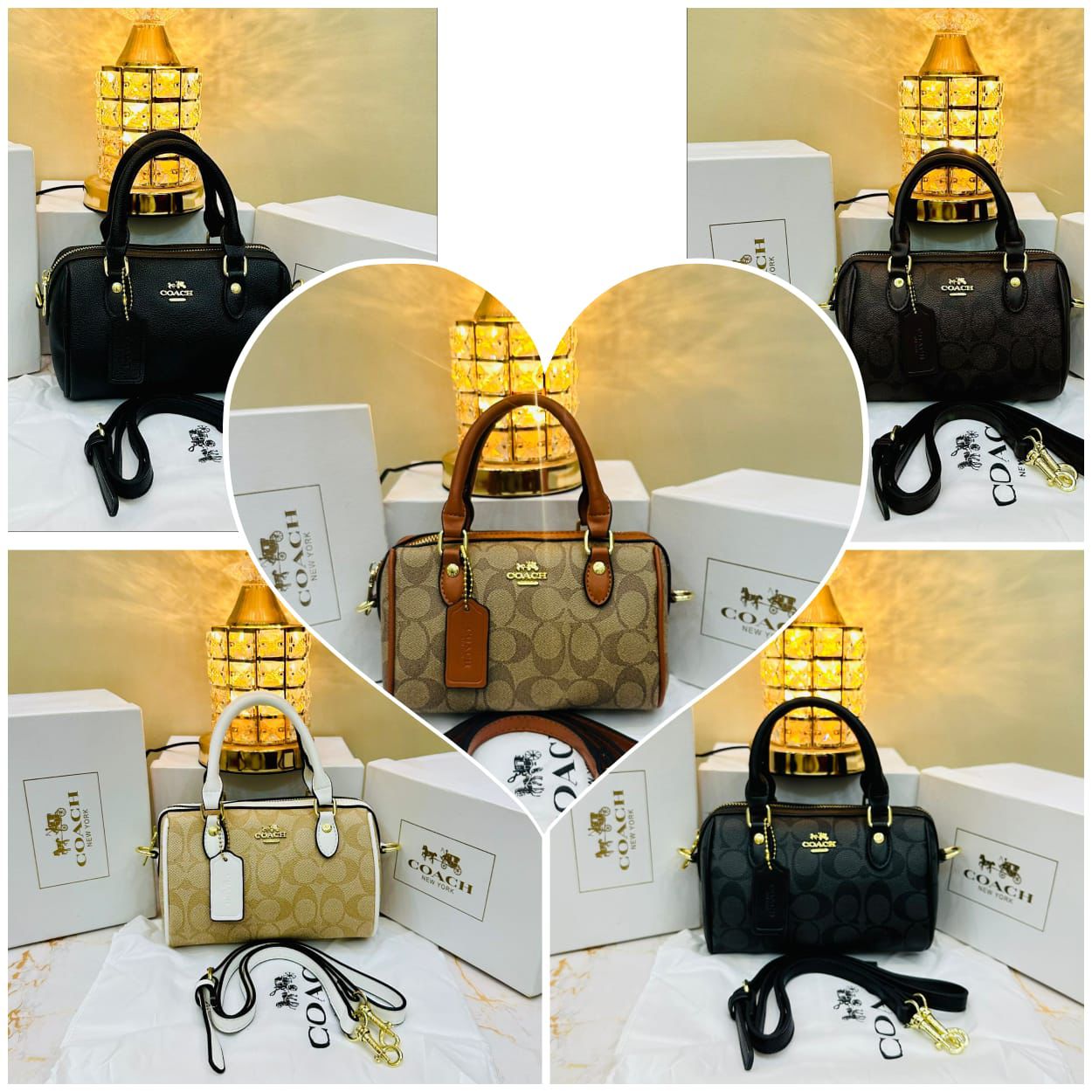 Collage of Co ach handbags in various colors with branded boxes and accessories.