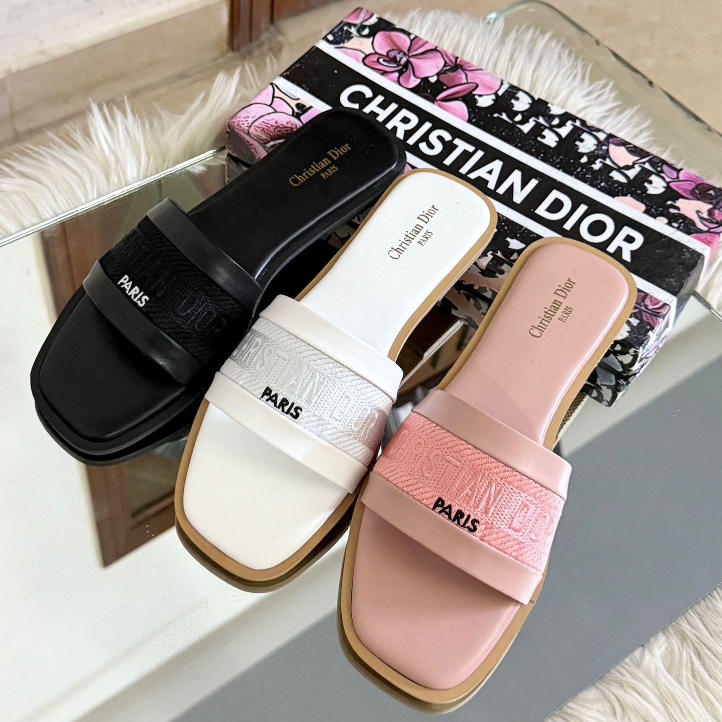 Famous CD Chris-tian Di-or Embroided Slippers for Women