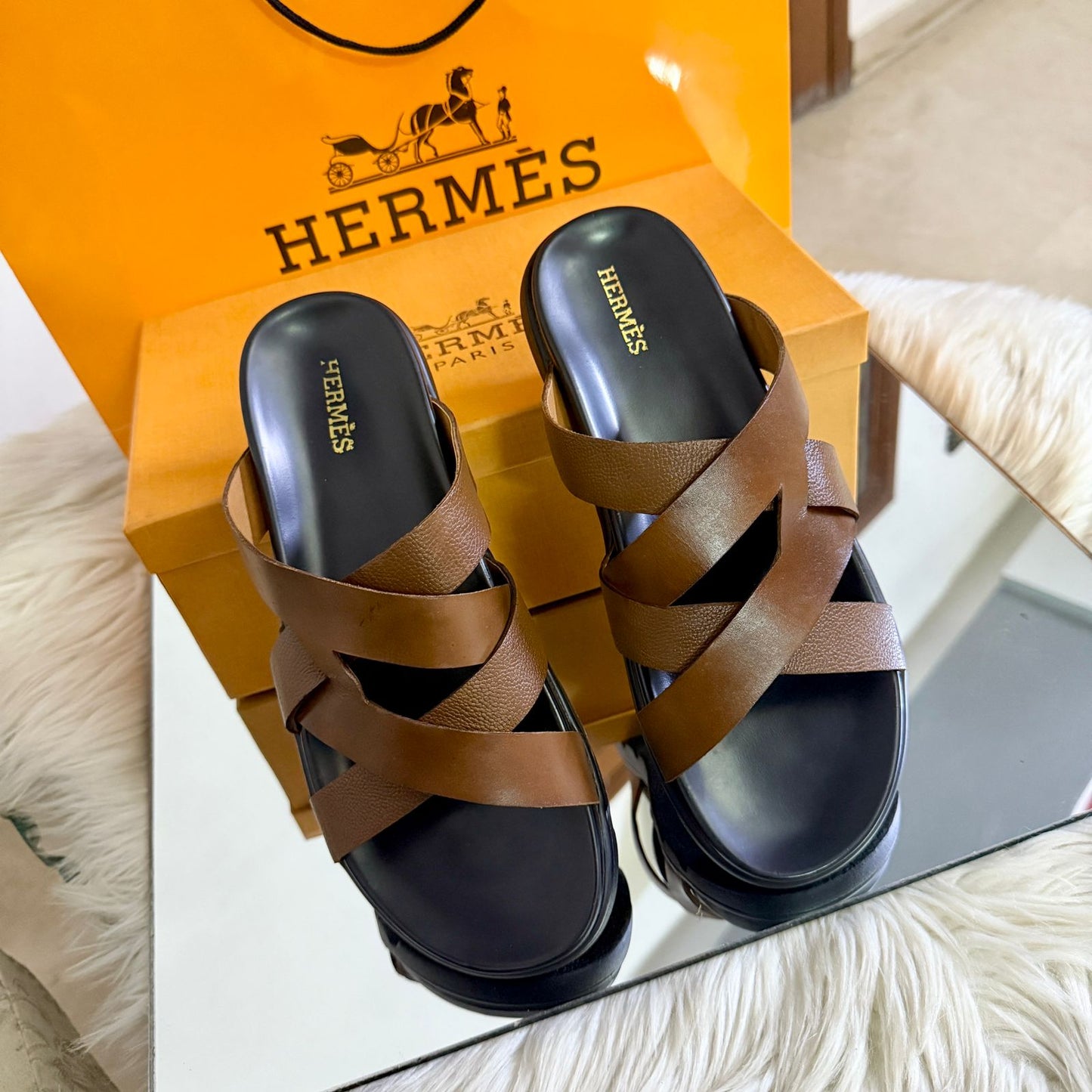 Her-mes Brown Slipper for Men