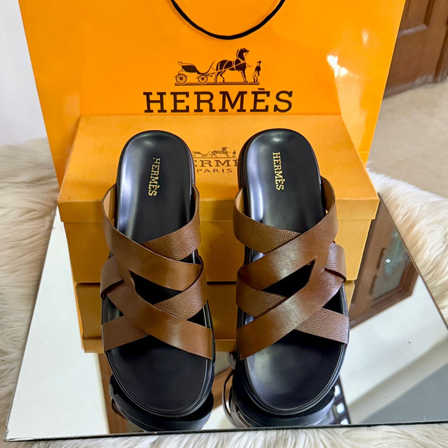 Her-mes Brown Slipper for Men