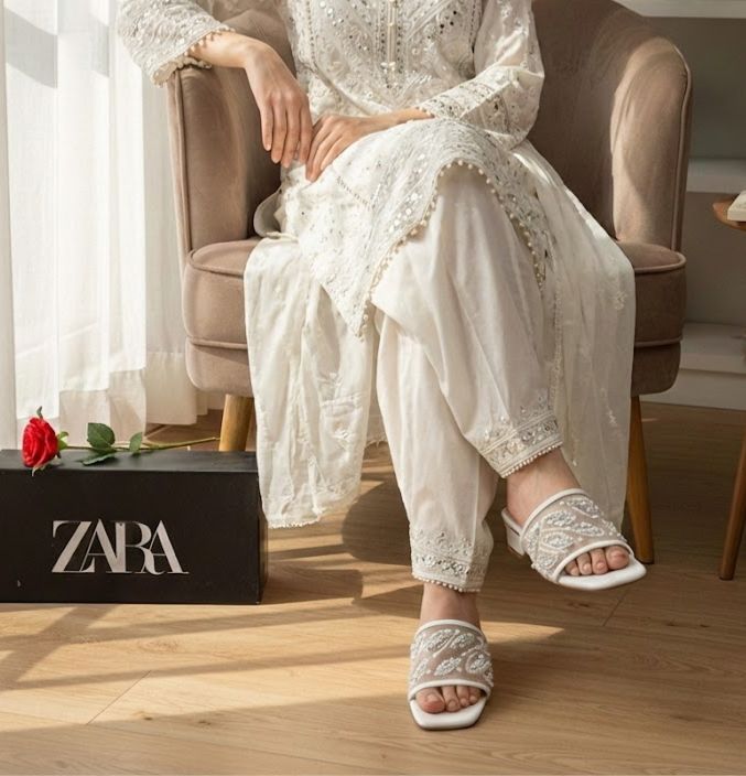 Za ra White Embroidery Heel for Women