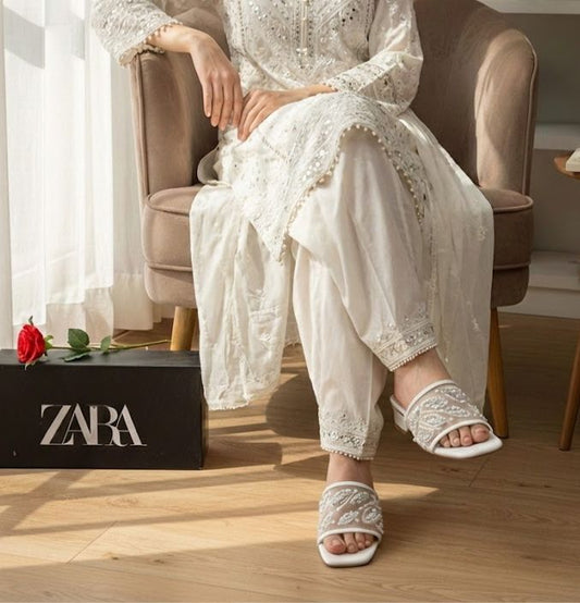 Za ra White Embroidery Heel for Women