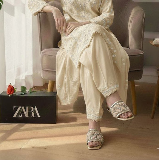 Za ra Golden Embroidery Heel for Women