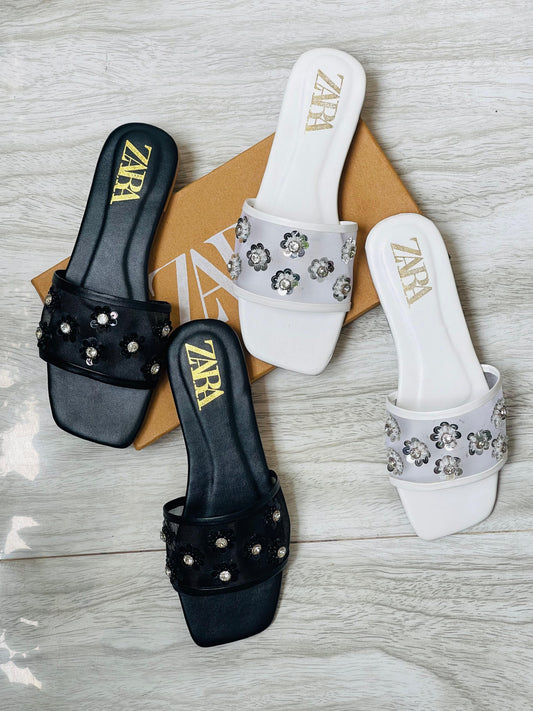 Zara Embroidered Flower Slippers for Women