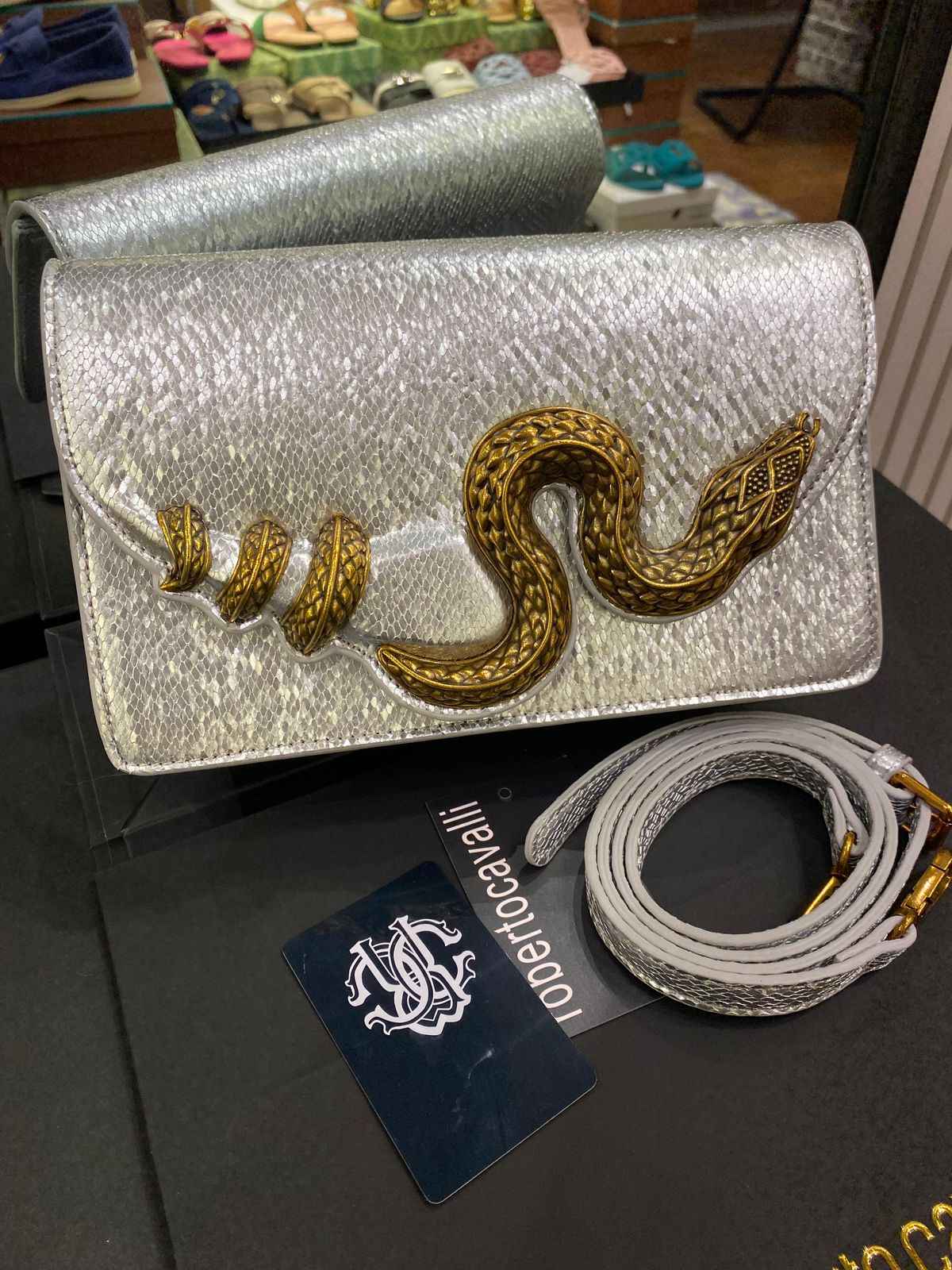 Roberto Cavelli with Golden Python and Snake Motif Shoulder bag for Women