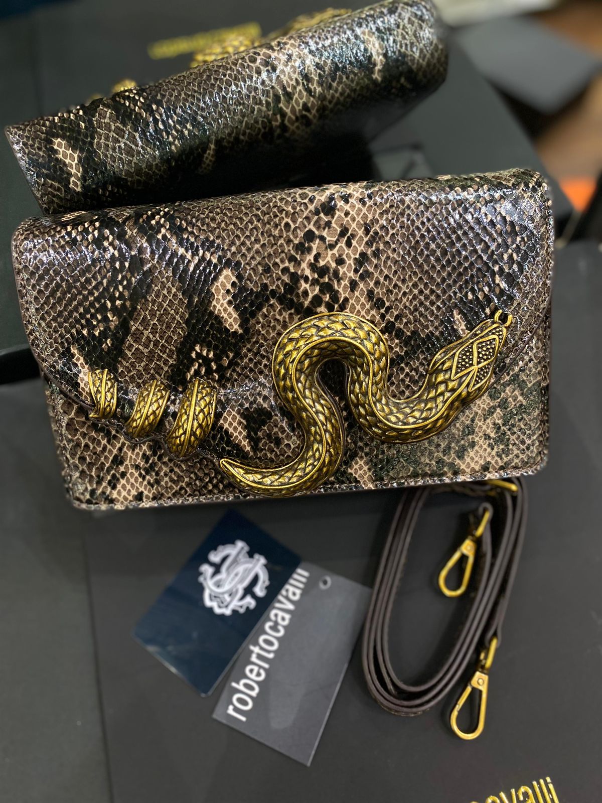 Roberto Cavelli with Golden Python and Snake Motif Shoulder bag for Women