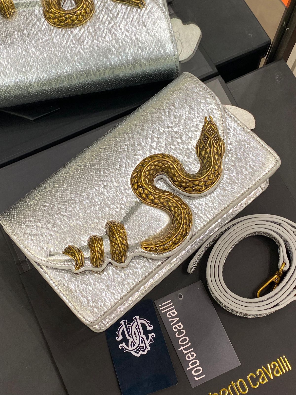 Roberto Cavelli with Golden Python and Snake Motif Shoulder bag for Women
