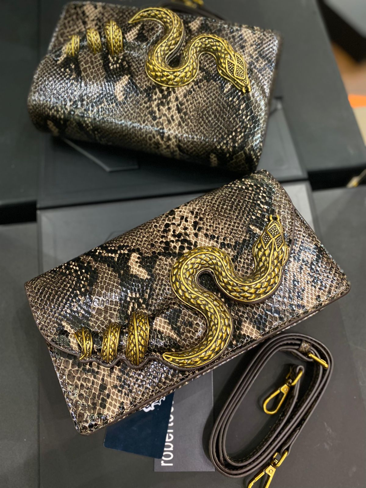 Roberto Cavelli with Golden Python and Snake Motif Shoulder bag for Women