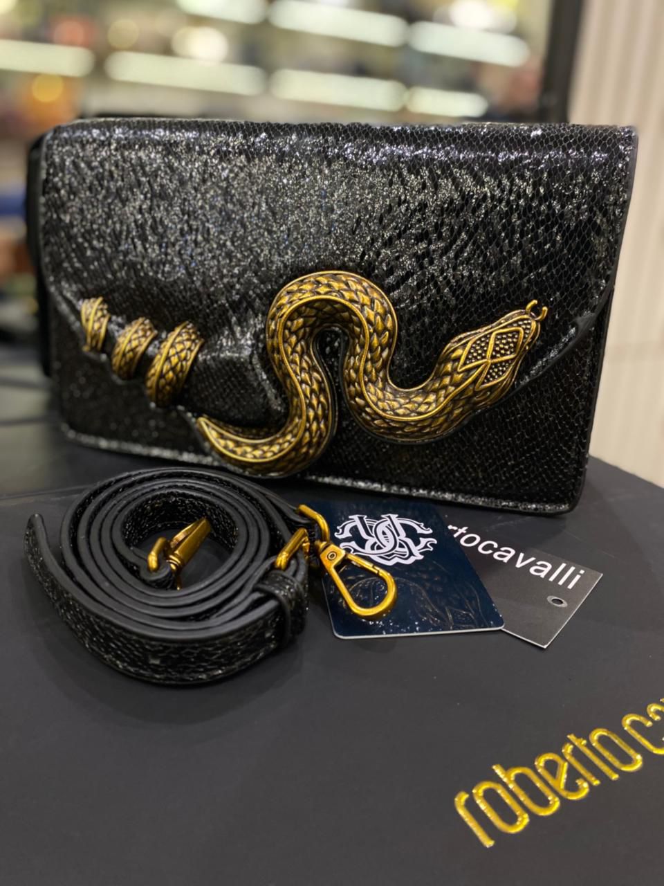 Roberto Cavelli with Golden Python and Snake Motif Shoulder bag for Women