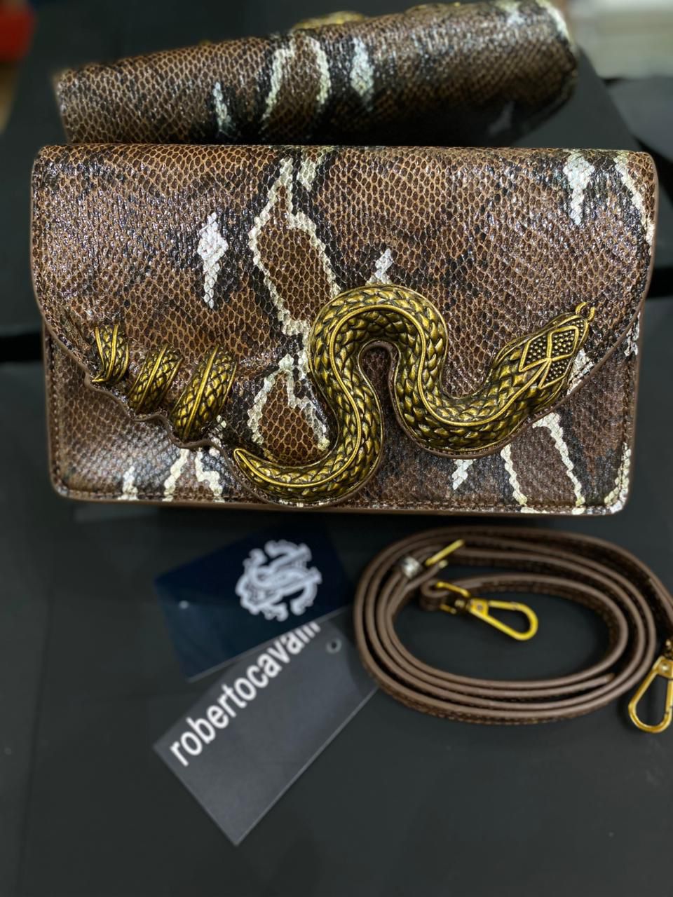 Roberto Cavelli with Golden Python and Snake Motif Shoulder bag for Women