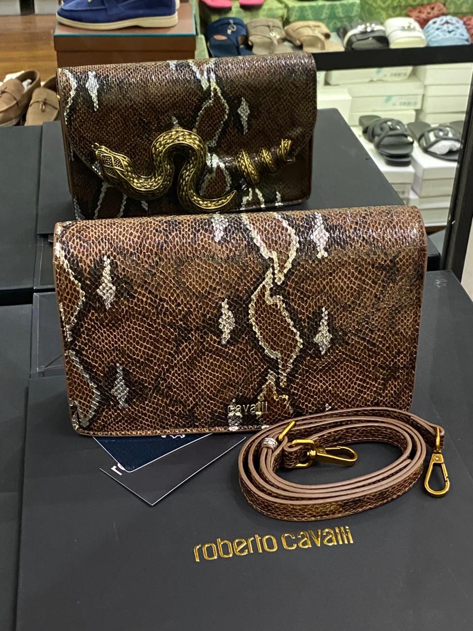 Roberto Cavelli with Golden Python and Snake Motif Shoulder bag for Women
