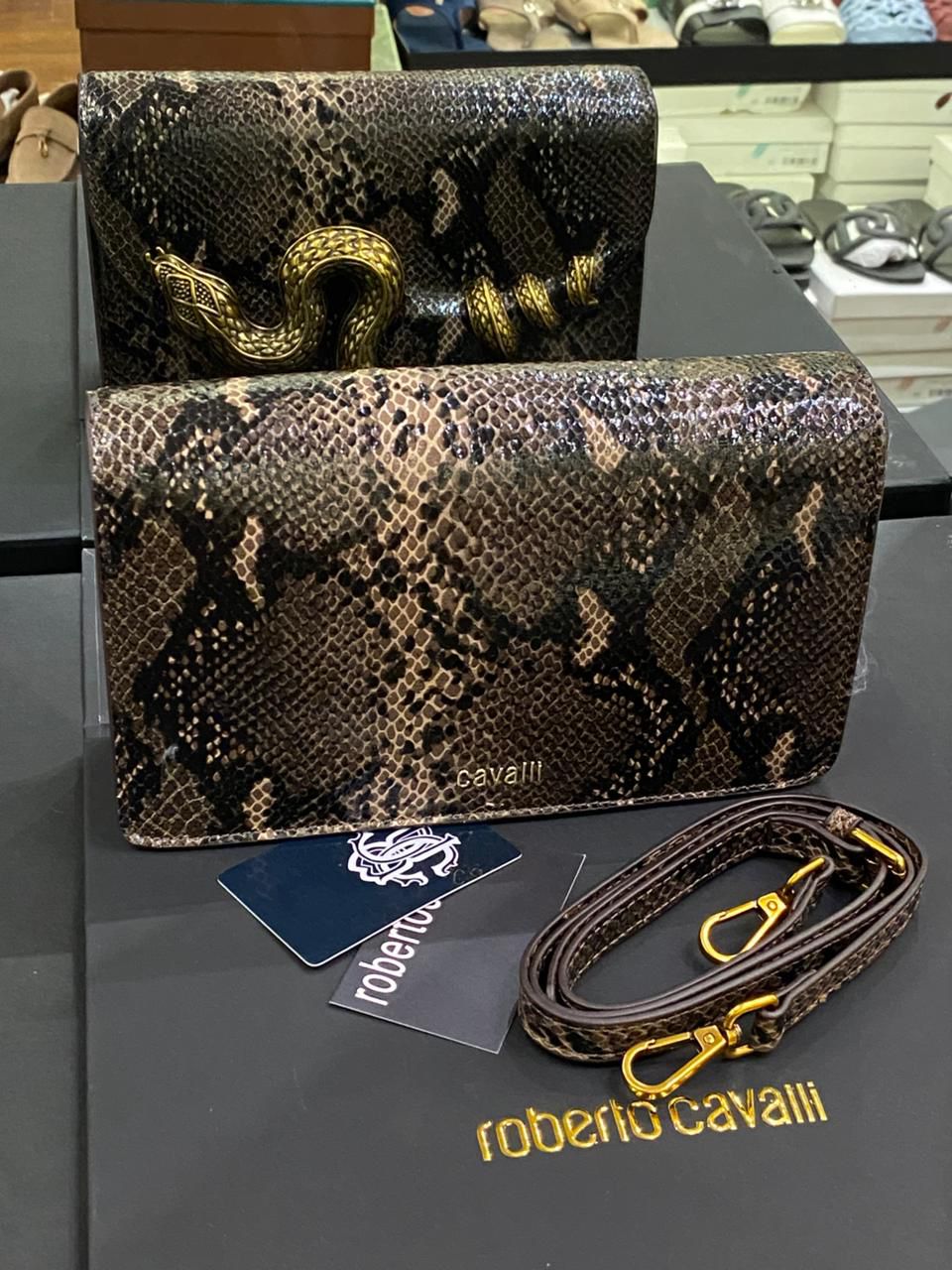 Roberto Cavelli with Golden Python and Snake Motif Shoulder bag for Women