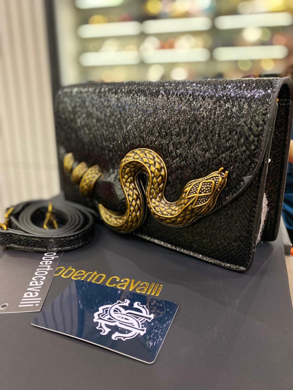 Roberto Cavelli with Golden Python and Snake Motif Shoulder bag for Women