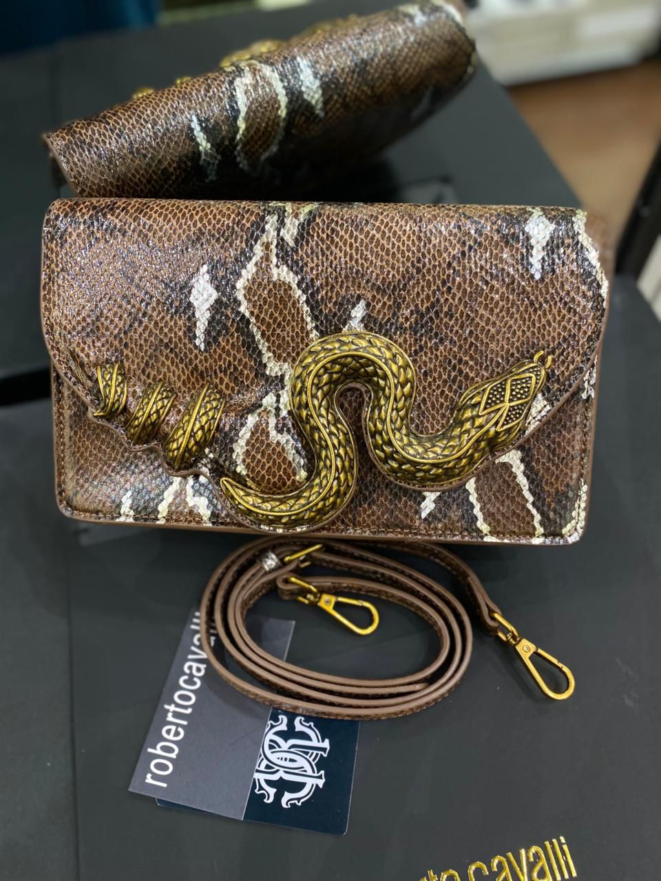 Roberto Cavelli with Golden Python and Snake Motif Shoulder bag for Women