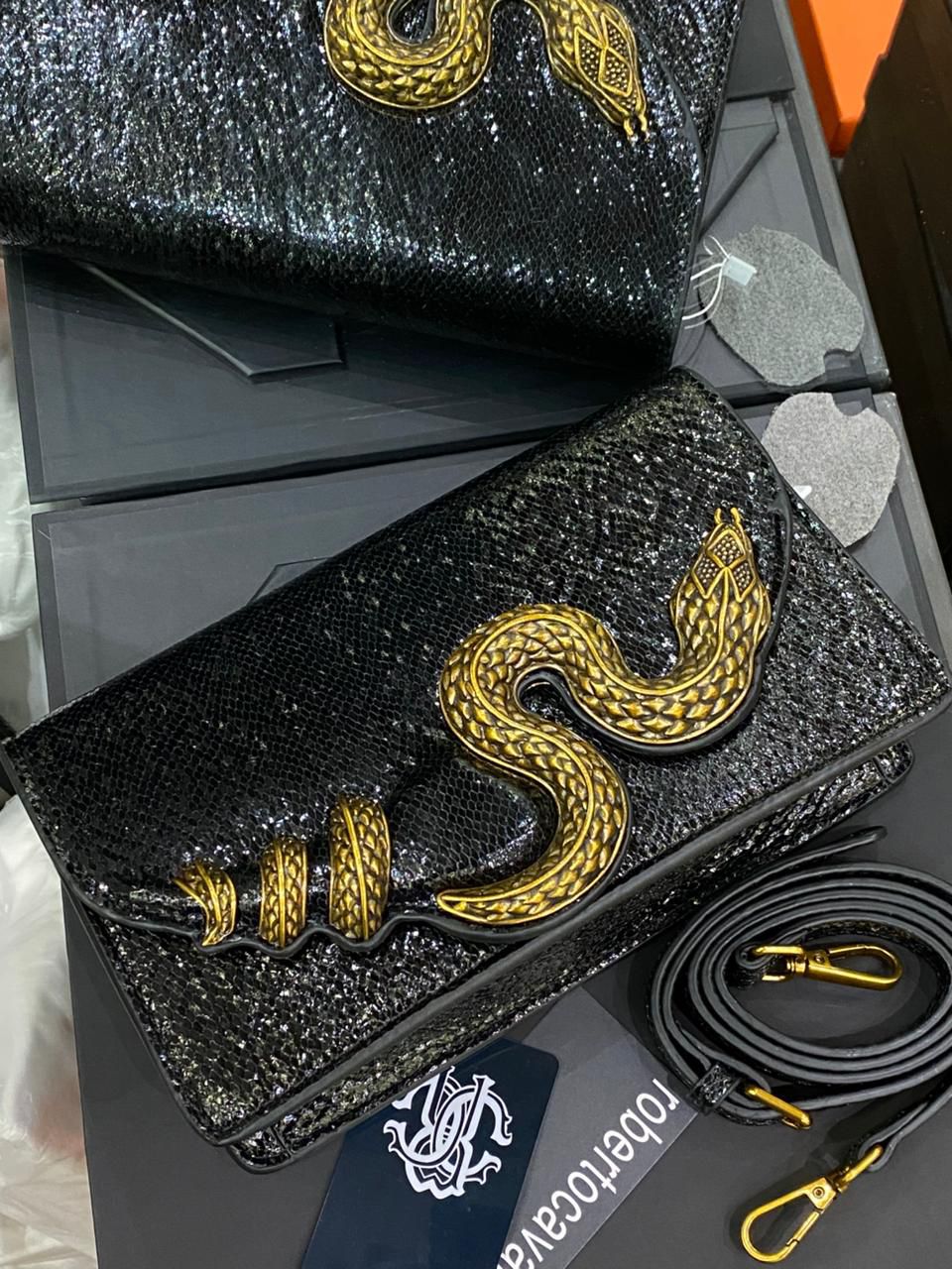 Roberto Cavelli with Golden Python and Snake Motif Shoulder bag for Women