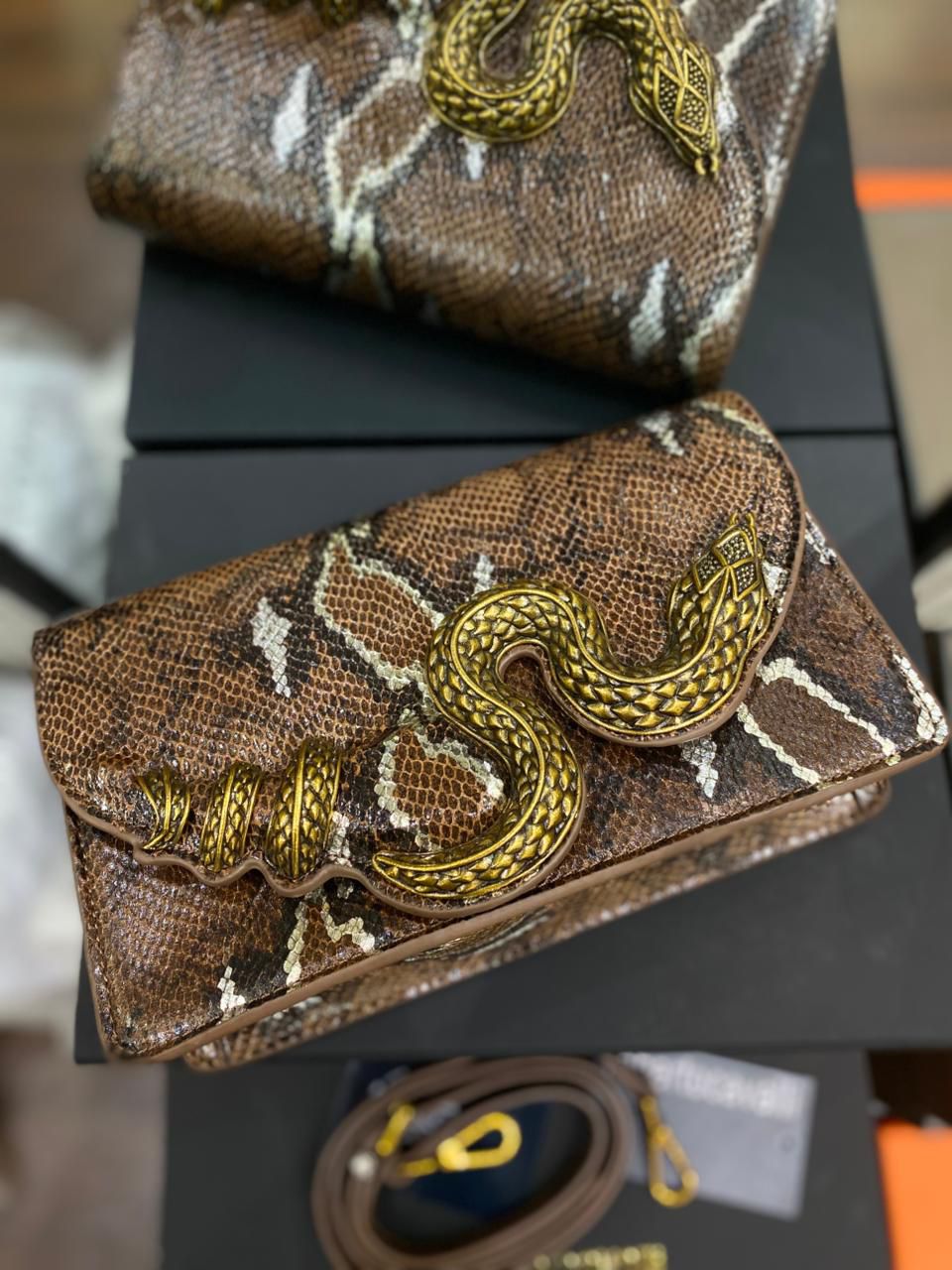 Roberto Cavelli with Golden Python and Snake Motif Shoulder bag for Women