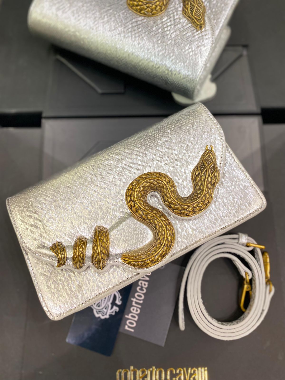 Roberto Cavelli with Golden Python and Snake Motif Shoulder bag for Women