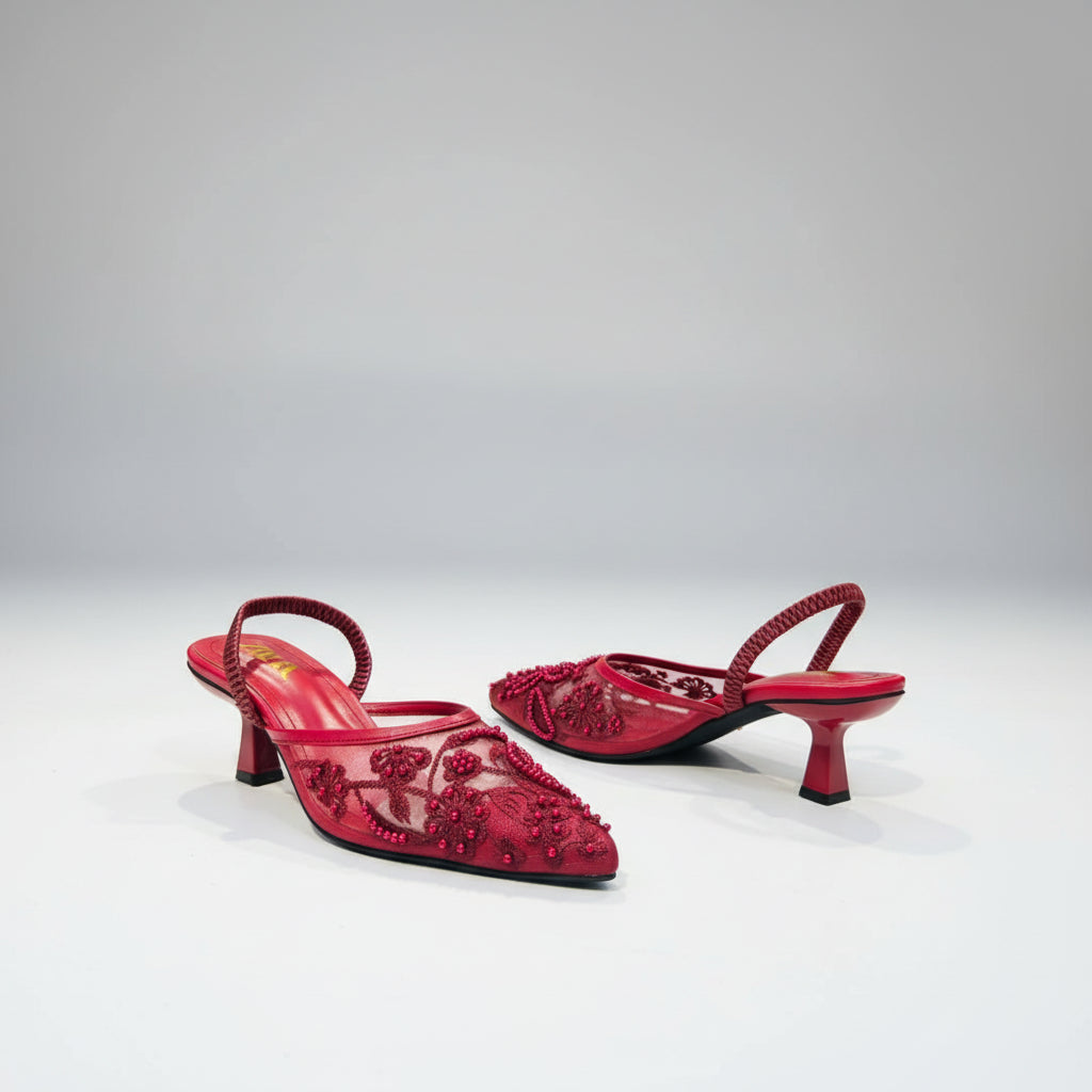 Zara Embroidered Net Heels Sandals for Women